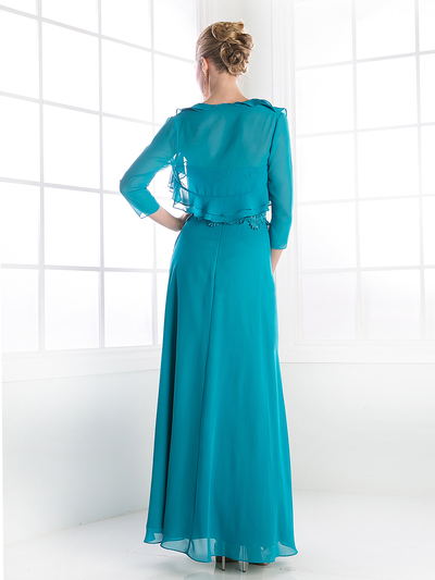 CD-CH1507 Mother of the Bride Evening Dress with Ruffle Jacket - Teal, Back View Medium