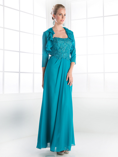 CD-CH1507 Mother of the Bride Evening Dress with Ruffle Jacket - Teal, Front View Medium