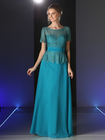 CD-CH1511 Short Sleeve Lace Overlay Mother of the Bride Dress - Jade, Front View Medium