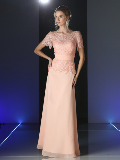 CD-CH1511 Short Sleeve Lace Overlay Mother of the Bride Dress - Peach, Front View Medium