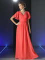 CD-CH1513 V-neck Evening Dress with Pleated Bodice - Coral, Front View Thumbnail