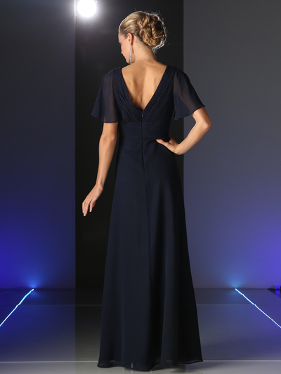 CD-CH1513 V-neck Evening Dress with Pleated Bodice - Navy, Back View Medium