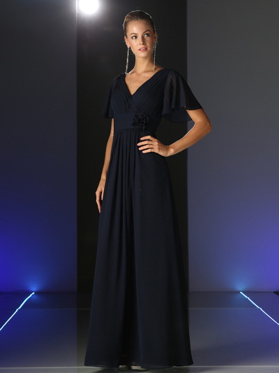 CD-CH1513 V-neck Evening Dress with Pleated Bodice - Navy, Front View Medium