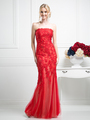 CD-CH21 Floral Embrodiery Long Evening Dress - Red, Front View Thumbnail