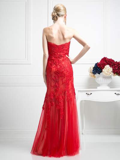 CD-CH21 Floral Embrodiery Long Evening Dress - Red, Back View Medium