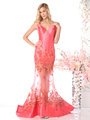 CD-CH22 Sleeveless V-Neck Evening Dress with Sheer Skirt - Coral, Front View Thumbnail