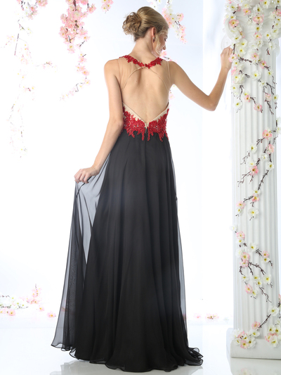 CD-CJ111 Illusion Evening Dress with Floral Applique - Red Black, Back View Medium