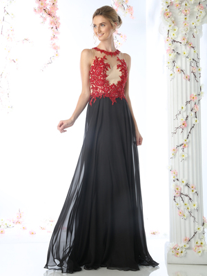 CD-CJ111 Illusion Evening Dress with Floral Applique, Red Black