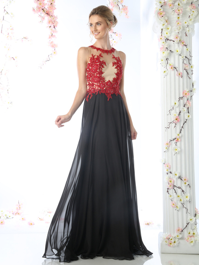 CD-CJ111 Illusion Evening Dress with Floral Applique - Red Black, Front View Medium