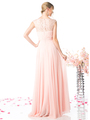 CD-CJ207 Ruched Bodice Lace Overlay Evening Dress - Blush, Back View Thumbnail