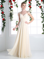 CD-CJ215 Pleated V-neck Evening Dress with Sheer Sleeve - Champagne, Front View Thumbnail