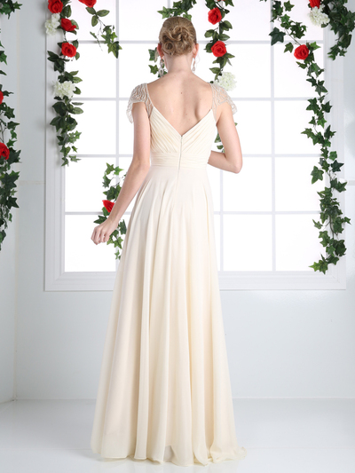 CD-CJ215 Pleated V-neck Evening Dress with Sheer Sleeve - Champagne, Back View Medium