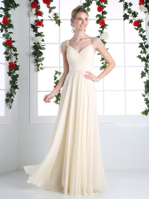 CD-CJ215 Pleated V-neck Evening Dress with Sheer Sleeve, Champagne