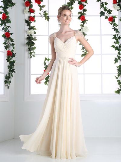 CD-CJ215 Pleated V-neck Evening Dress with Sheer Sleeve - Champagne, Front View Medium