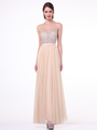 CD-CJ90 Illusion Beaded Evening Dress - Champagne, Front View Thumbnail