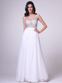 CD-CJ90 Illusion Beaded Evening Dress - Off White, Front View Thumbnail