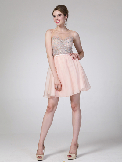 CD-CJ90S Illusion Jeweled Bodice Homecoming Dress - Peach, Front View Medium