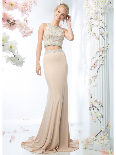 CD-CK11 Two Piece Prom Dress with Train - Champagne, Front View Medium