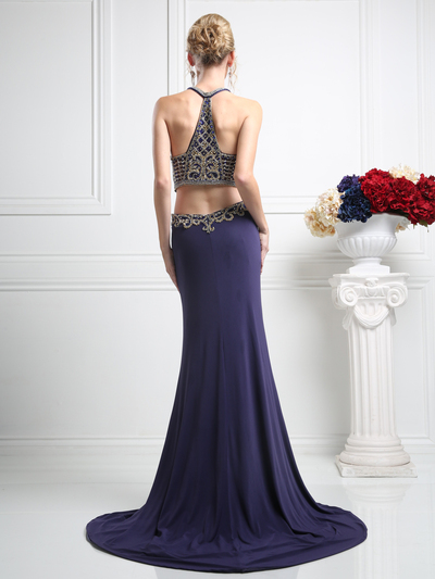 CD-CK12 Embellished Halter Prom Evening Dress with Cut Out - Eggplant, Back View Medium