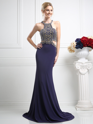 CD-CK12 Embellished Halter Prom Evening Dress with Cut Out, Eggplant
