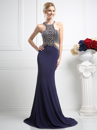 CD-CK12 Embellished Halter Prom Evening Dress with Cut Out - Eggplant, Front View Medium
