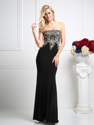 CD-CK16 Strapless Embellished Evening Gown  - Black, Front View Medium