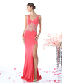 CD-CK17 Long V-Neck Evening Dress with Slit - Coral, Front View Thumbnail