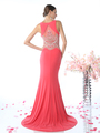 CD-CK17 Long V-Neck Evening Dress with Slit - Coral, Back View Thumbnail
