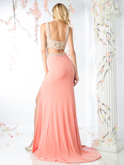 CD-CK18 Two Piece Beaded Top Prom Evening Dress with Train - Coral, Back View Medium