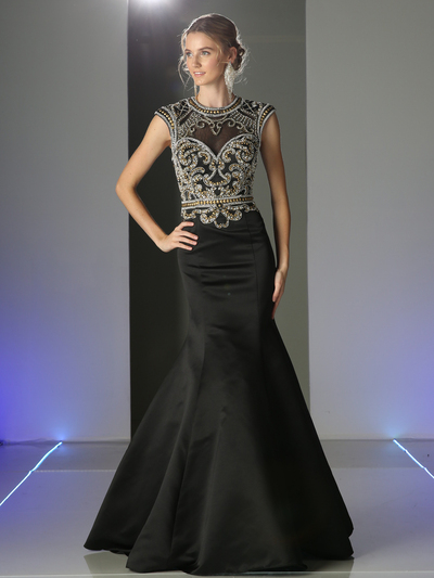 CD-CK21 Cap Sleeve Trumpet Prom Evening Gown with Cut Out Back - Black, Front View Medium