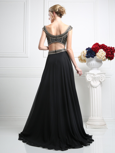 CD-CK27 Two Piece Off The Shoulder Evening Dress with Slit - Black, Back View Medium