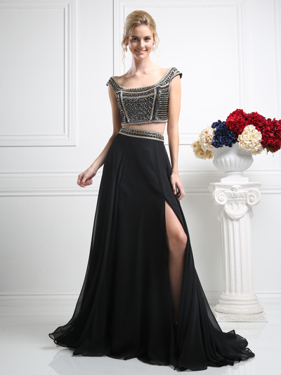 CD-CK27 Two Piece Off The Shoulder Evening Dress with Slit - Black, Front View Medium