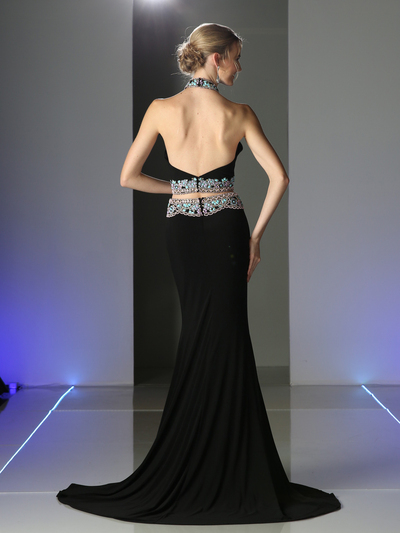 CD-CK29 Two Piece Halter Top Evening Dress with Open Back - Black, Back View Medium