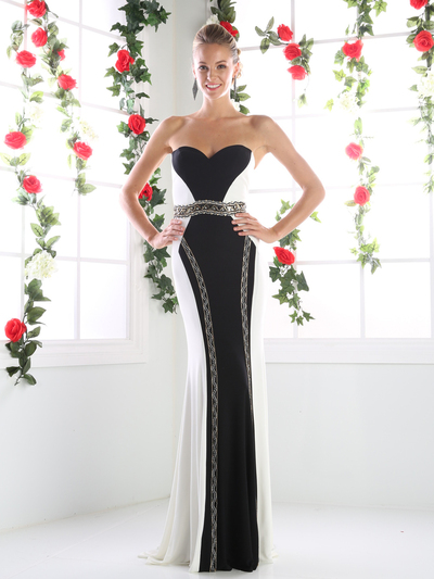 CD-CK30 Timeless Sweetheart Form Fitted Two Tone Evening Dress - Black White, Front View Medium