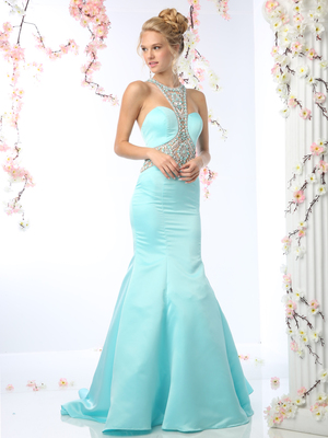 CD-CK31 Embellished Halter Prom Evening Dress with Mermaid Skirt, Aqua