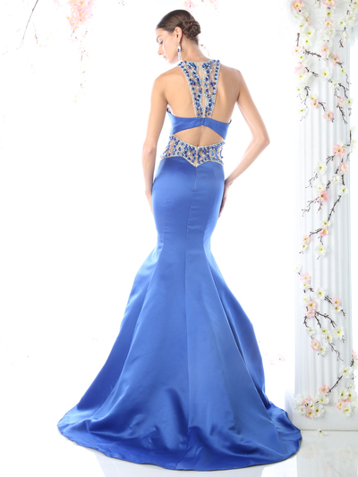 CD-CK31 Embellished Halter Prom Evening Dress with Mermaid Skirt - Royal, Back View Medium