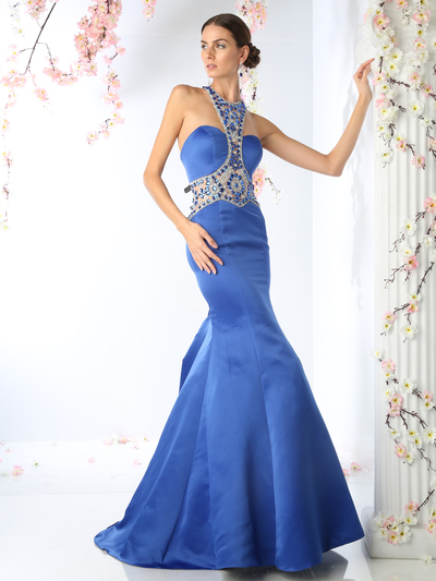 CD-CK31 Embellished Halter Prom Evening Dress with Mermaid Skirt - Royal, Front View Medium