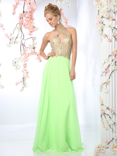 CD-CK51 Halter Beaded Top Prom Dress - Lime, Front View Medium
