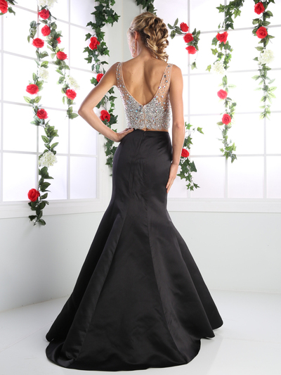 CD-CK68 Two Piece V-Neck Prom Evening Dress with Trumpet Skirt - Black, Back View Medium