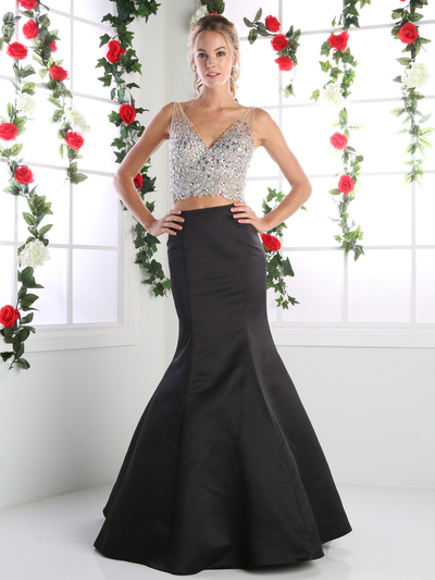 CD-CK68 Two Piece V-Neck Prom Evening Dress with Trumpet Skirt - Black, Front View Medium