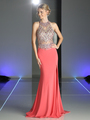 CD-CK72 Jeweled Bodice Form Fitted Evening Dress with Train - Coral, Front View Thumbnail