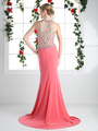 CD-CK72 Jeweled Bodice Form Fitted Evening Dress with Train - Coral, Back View Thumbnail