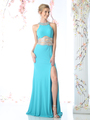 CD-CK74 Long Evening Dress with Embellished Midriff - Aqua, Front View Thumbnail