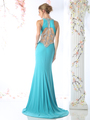 CD-CK74 Long Evening Dress with Embellished Midriff - Aqua, Back View Thumbnail
