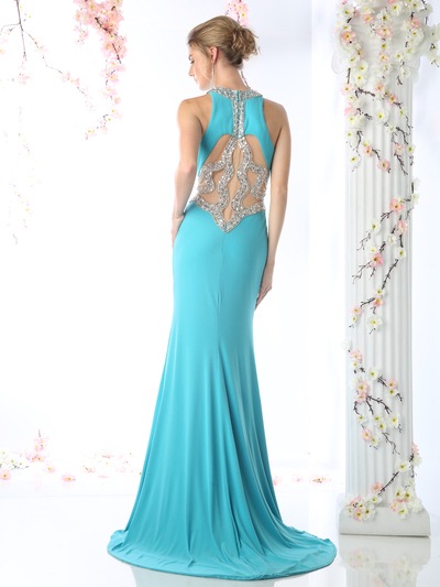 CD-CK74 Long Evening Dress with Embellished Midriff - Aqua, Back View Medium