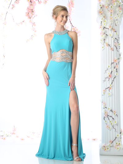 CD-CK74 Long Evening Dress with Embellished Midriff - Aqua, Front View Medium