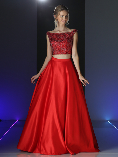 CD-CK76 Two Piece Embellished Prom Evening Dress with Full Skirt - Red, Front View Medium