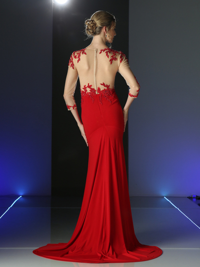 CD-CL106 Sheer Three Quarter Sleeve Long Evening Dress - Red, Back View Medium