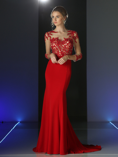 CD-CL106 Sheer Three Quarter Sleeve Long Evening Dress - Red, Front View Medium