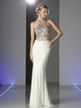 CD-CM1511 Sequined Halter Top Evening Dress - Off White, Front View Thumbnail